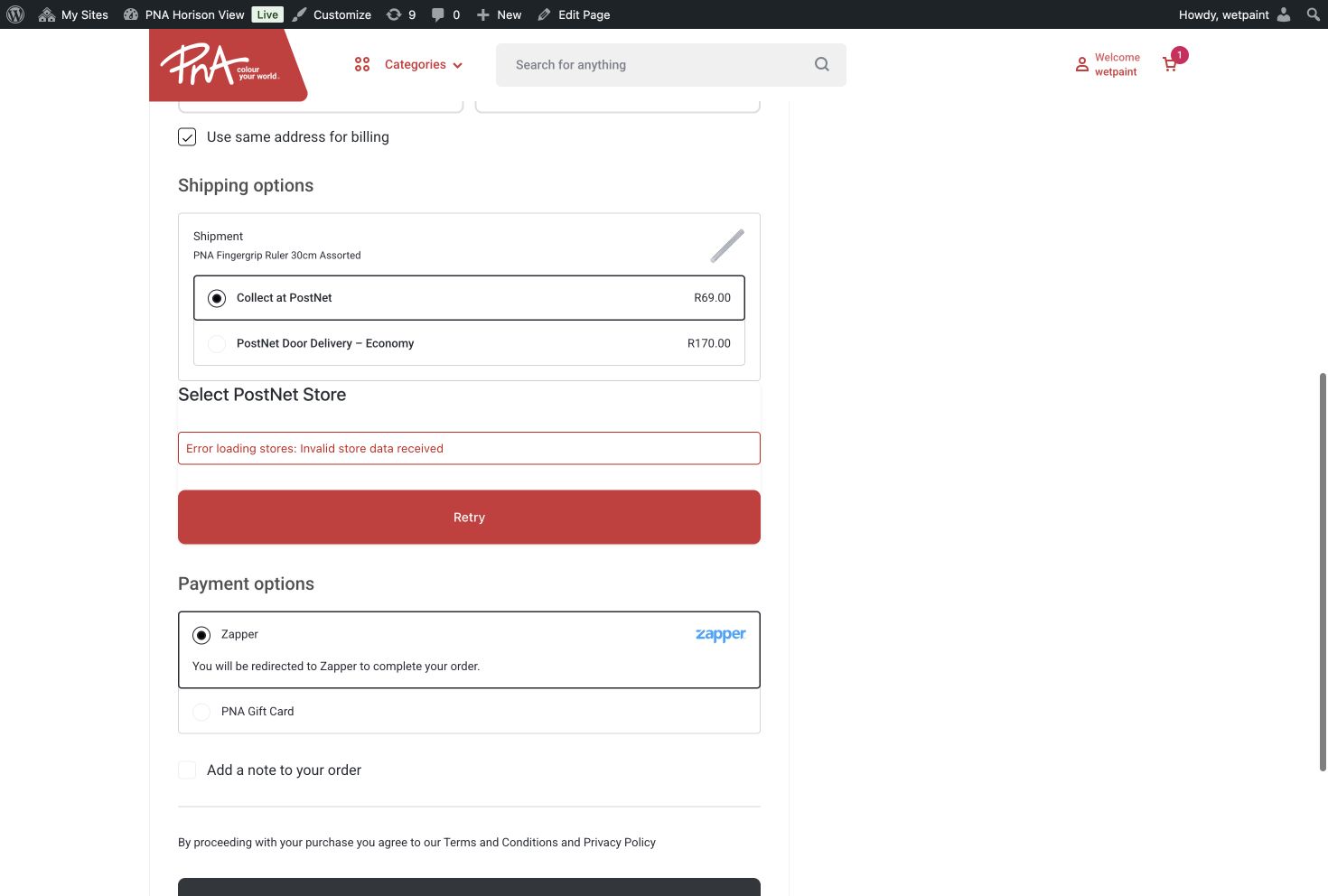 PNA checkout showing R69 PostNet collection, R170 door delivery, invalid PostNet store data and Zapper payment