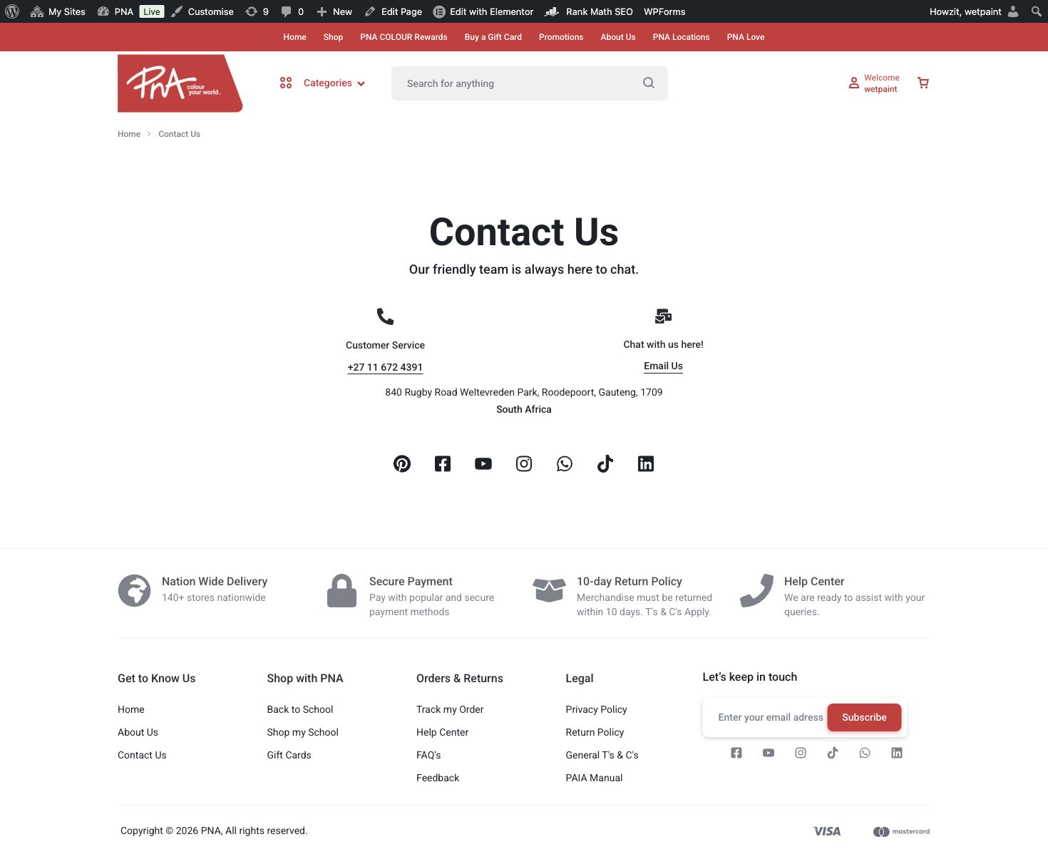 PNA Contact page showing phone, email and chat links without an enquiry form, plus a misspelled newsletter placeholder