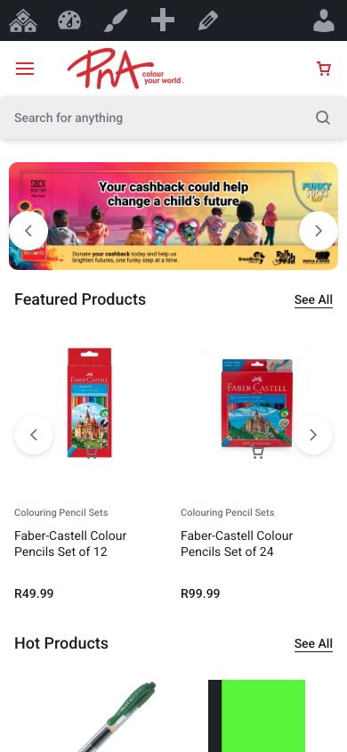 PNA homepage at a 390 pixel mobile viewport showing product cards and a small cart-shaped action