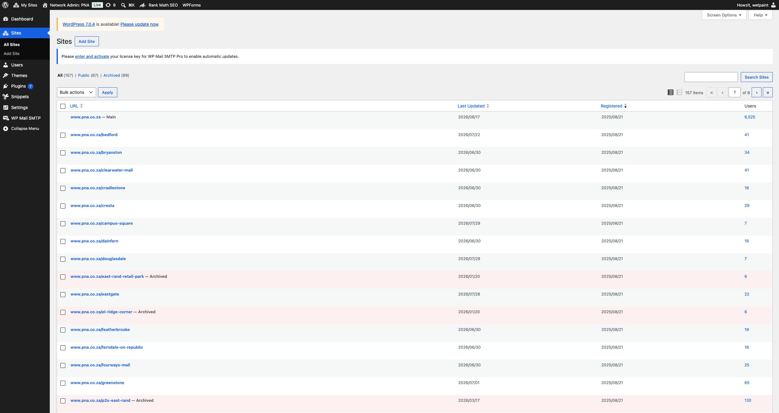 PNA WordPress Network Admin screen showing 157 sites, including public and archived store subsites