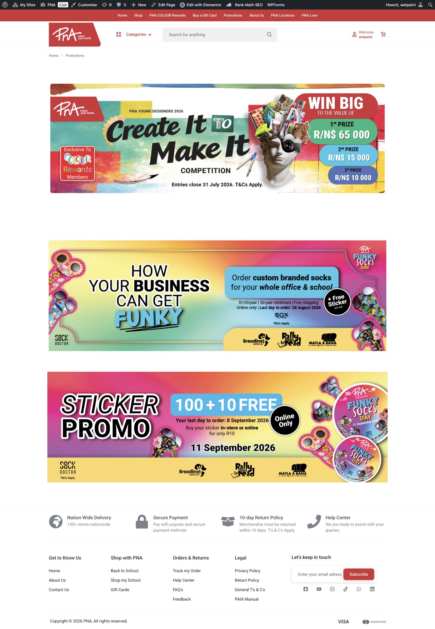 PNA Promotions page showing an expired July competition banner above current Funky Socks campaign banners